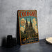 A vintage metal sign advertising Cologne, Germany, featuring an illustration of the Cologne Cathedral.