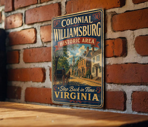 A vintage-style metal sign for the Colonial Williamsburg Historic Area in Virginia, featuring an illustration of a horse-drawn carriage and a brick building.