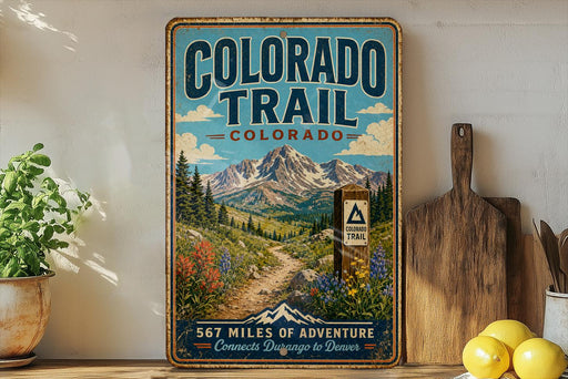 A vintage-style sign for the Colorado Trail, featuring a mountain landscape with a trail and a sign indicating the trail's name.