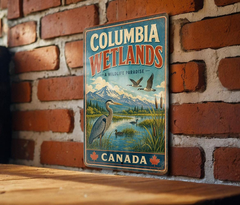 A vintage-style sign for Columbia Wetlands, a wildlife sanctuary in Canada, featuring a serene landscape with mountains, a lake, and various birds.
