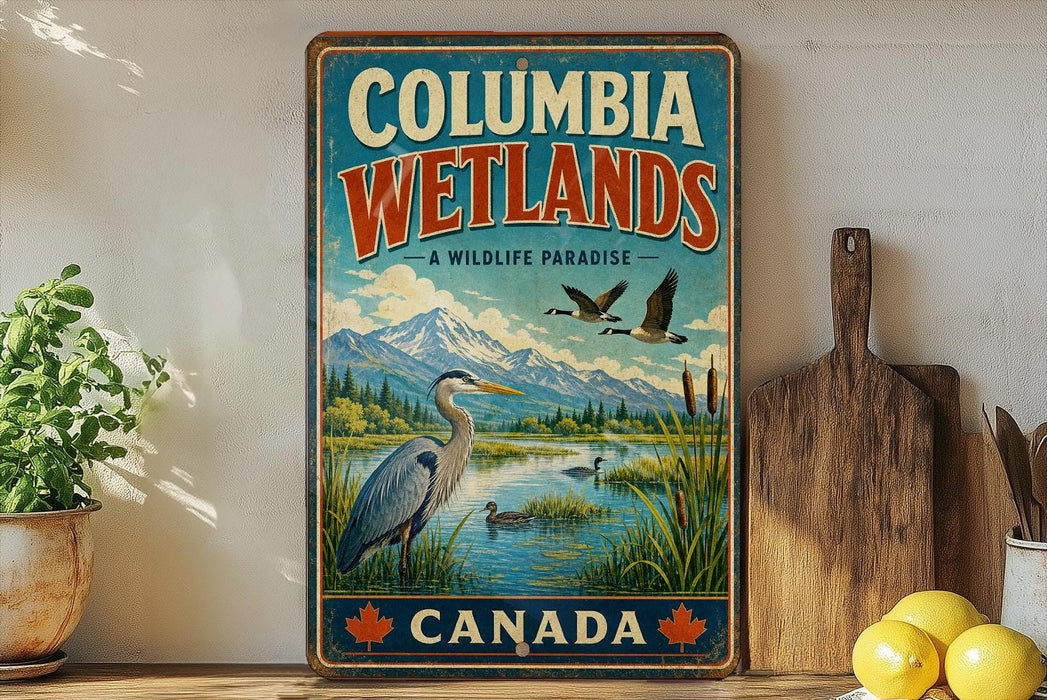 A vintage-style sign for Columbia Wetlands, a wildlife sanctuary in Canada, featuring a serene landscape with a heron, ducks, and mountains in the background.
