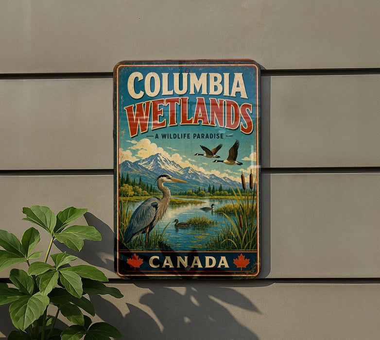 A vintage-style sign for Columbia Wetlands in Canada, featuring a scenic landscape with mountains, birds, and water.