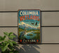 A vintage-style sign for Columbia Wetlands in Canada, featuring a scenic landscape with mountains, birds, and water.