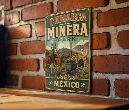 A vintage metal sign for Comarca Minera Park in Mexico, featuring an illustration of the park's landmarks and a mountain backdrop.