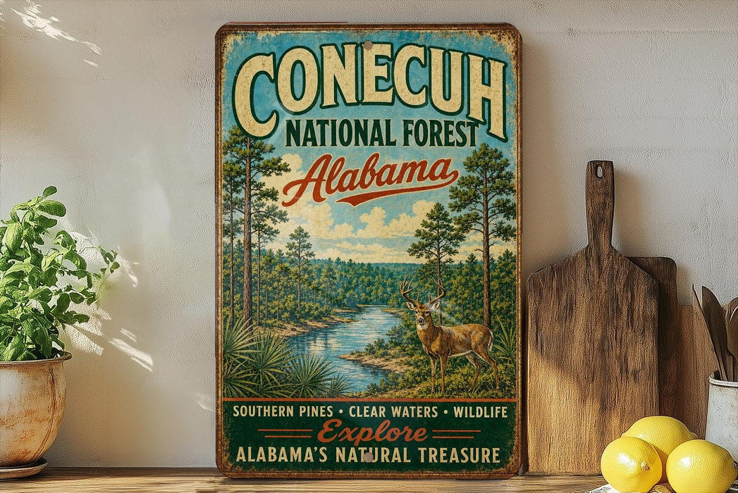 a vintage-style sign for Conecuh National Forest, Alabama, with a scenic illustration of a forest and a river. The sign is displayed on a shelf next to a wooden cutting board and a potted plant.