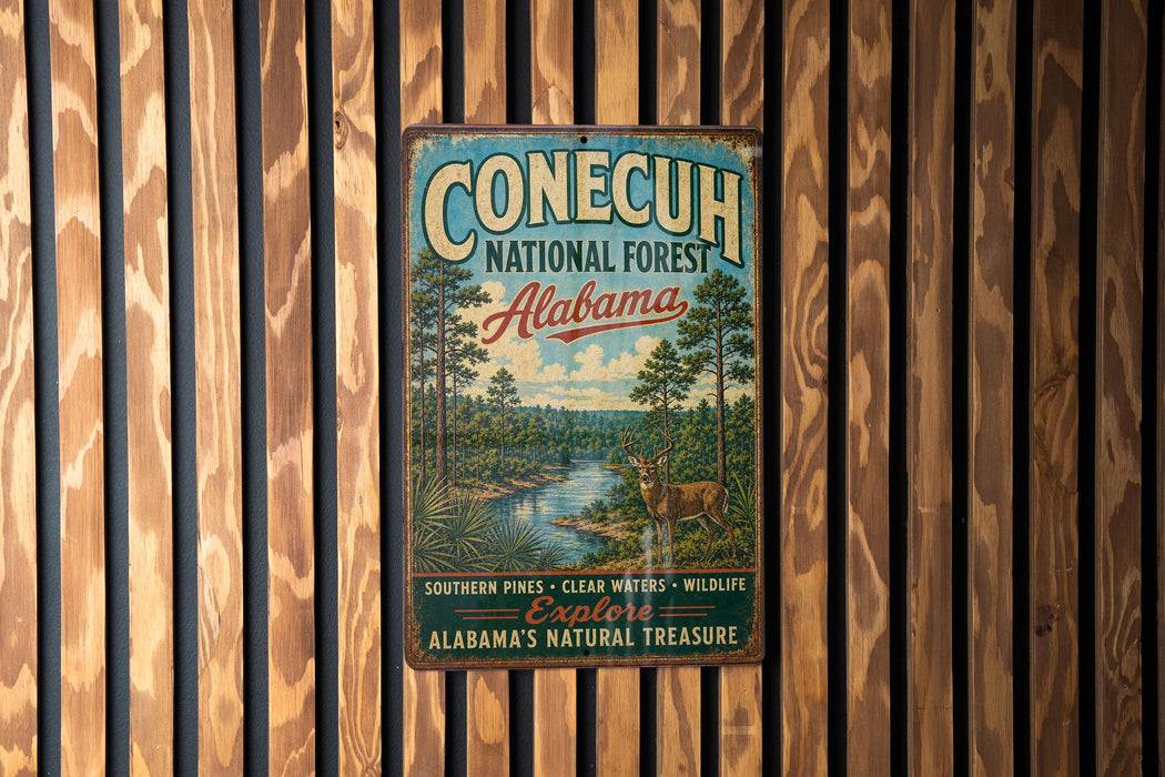A vintage metal sign for Conecuh National Forest in Alabama, featuring a scenic illustration of the forest and wildlife.