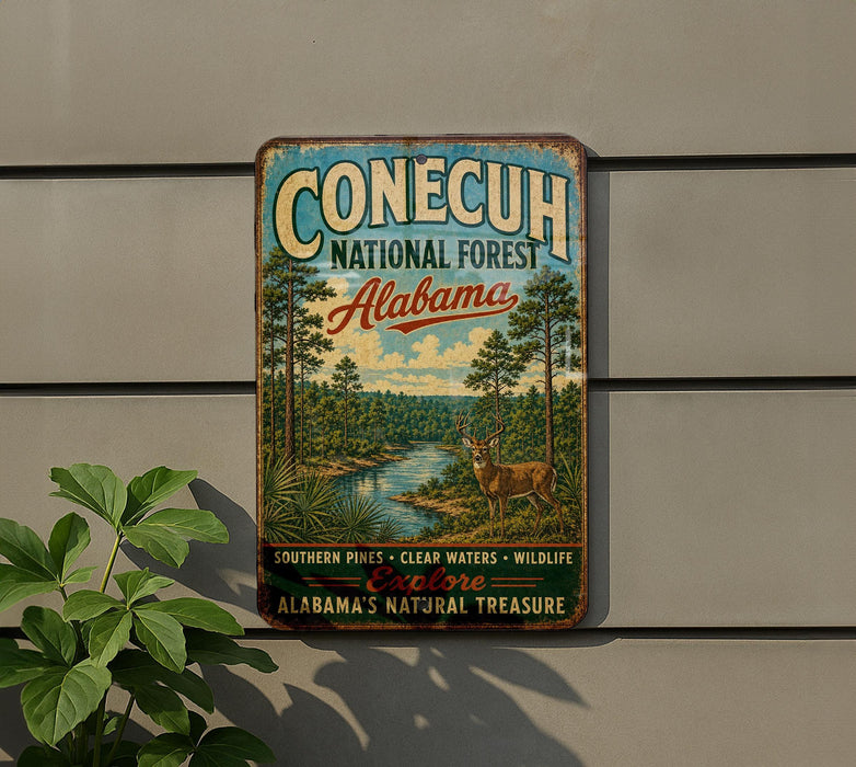 A vintage-style metal sign for Conecuh National Forest in Alabama, featuring a scenic illustration of a forest landscape with a deer.