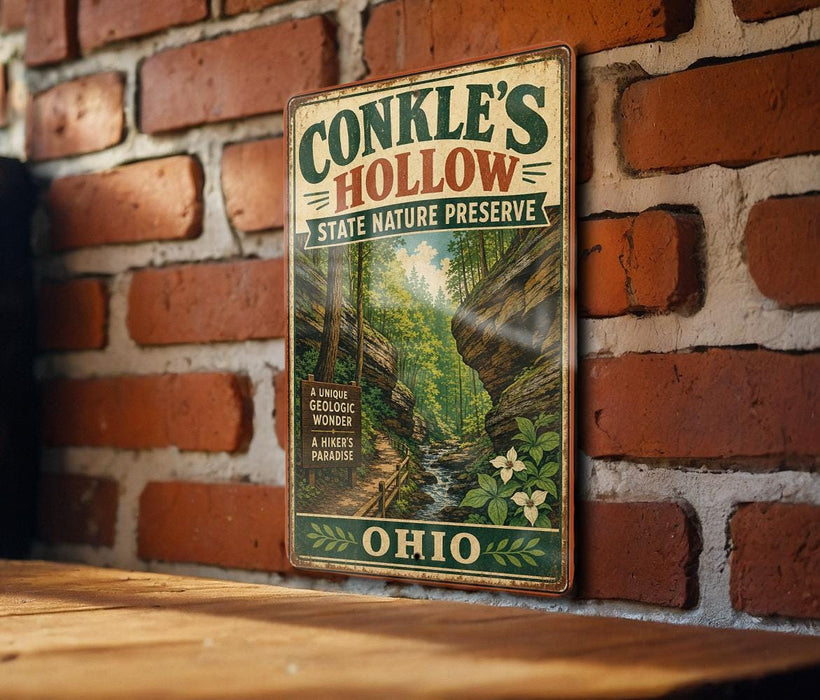 A vintage-style metal sign for Conkles Hollow State Nature Preserve in Ohio, featuring a scenic image of a forest and a stream.