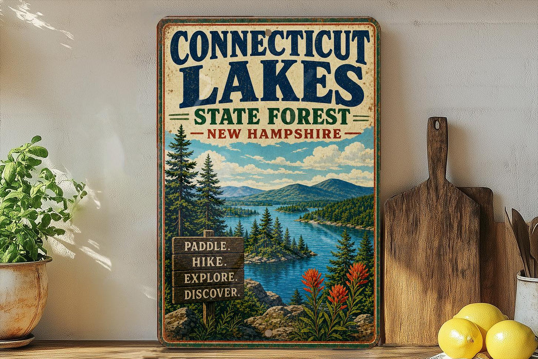 A vintage-style metal sign for Connecticut Lakes, New Hampshire, featuring a scenic landscape with pine trees, mountains, and a lake.