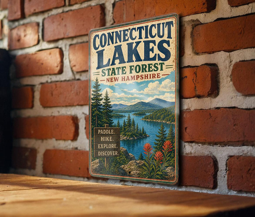 A vintage metal sign for Connecticut Lakes State Forest in New Hampshire, featuring a scenic illustration of the lake surrounded by pine trees and mountains.