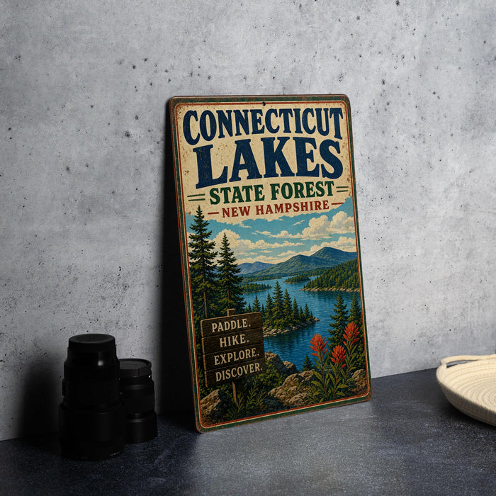 A vintage metal sign for Connecticut Lakes State Forest in New Hampshire, featuring a scenic illustration of the lake surrounded by pine trees and mountains.