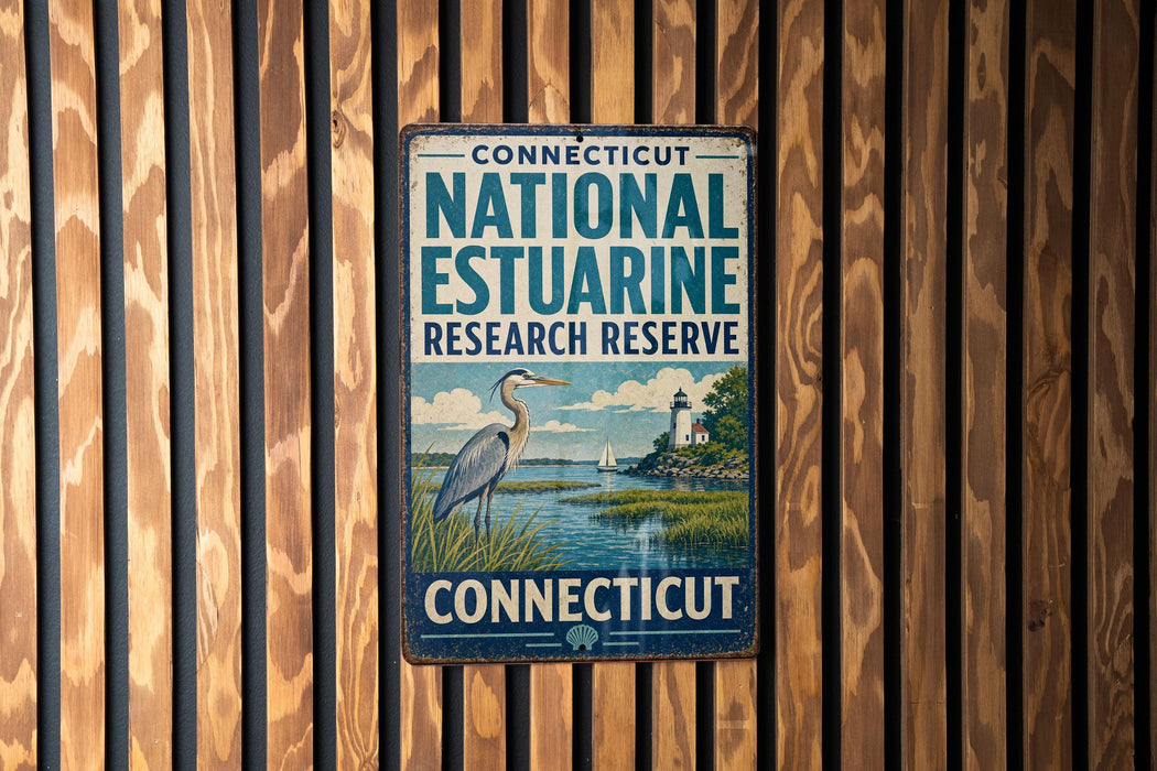 A vintage metal sign for the Connecticut National Estuarine Research Reserve, featuring a seagull and a lighthouse, is displayed on a wooden wall.