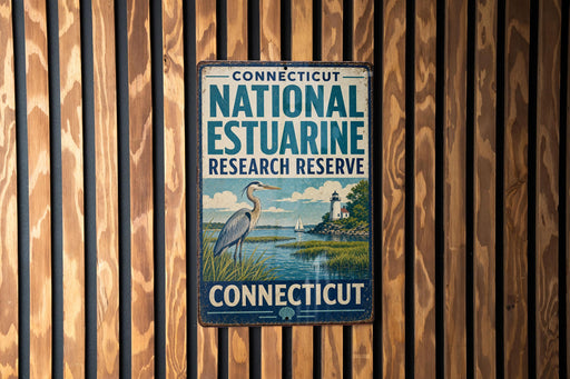 A vintage metal sign for the Connecticut National Estuarine Research Reserve, featuring a seagull and a lighthouse, is displayed on a wooden wall.