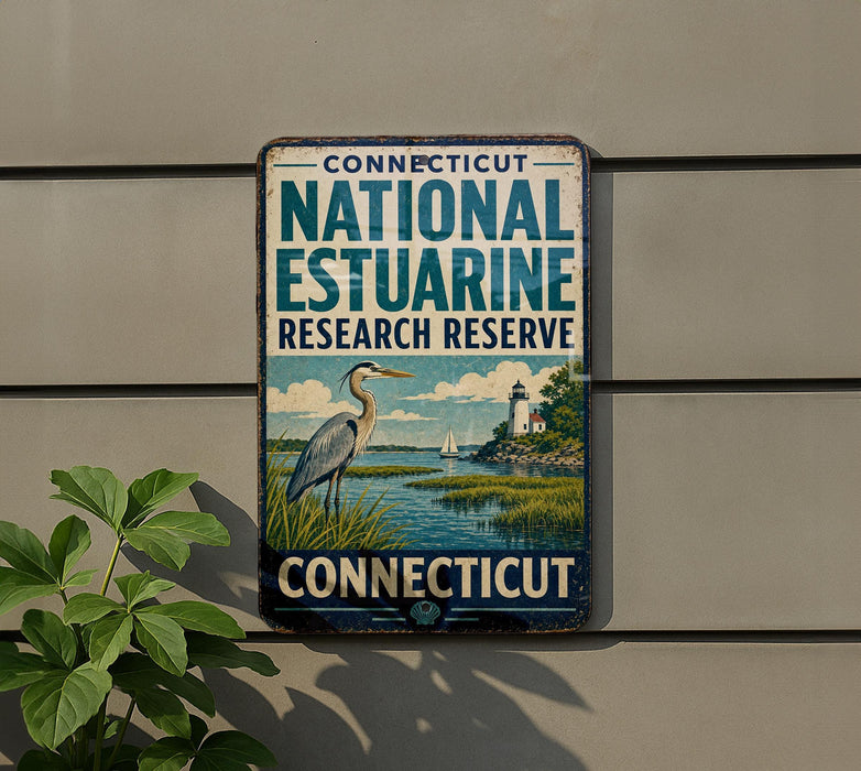 A vintage metal sign for the Connecticut National Estuarine Research Reserve, featuring a seagull and a lighthouse in the background.