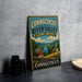 A vintage-style sign for the Connecticut River Valley, featuring a scenic landscape with a river, buildings, and a church steeple.
