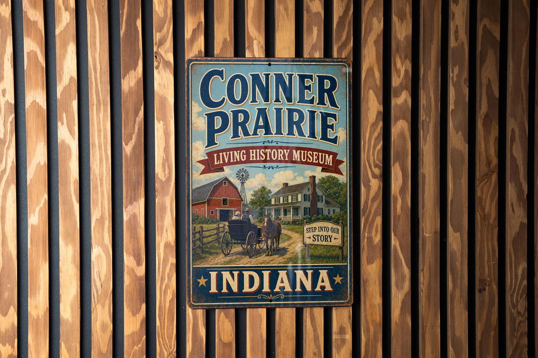 A vintage-style metal sign for the Conner Prairie Living History Museum in Indiana, featuring an illustration of a horse-drawn carriage and a barn.