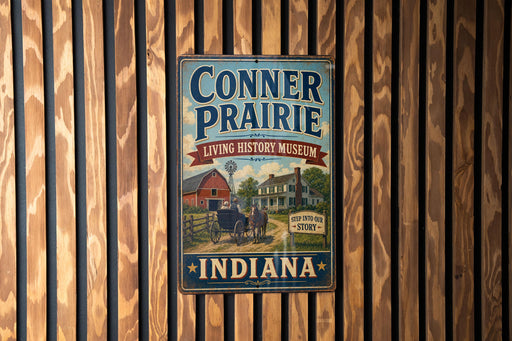 A vintage-style metal sign for the Conner Prairie Living History Museum in Indiana, featuring an illustration of a horse-drawn carriage and a barn.