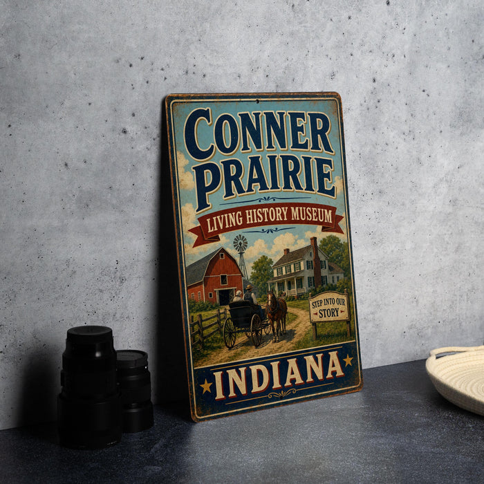 A vintage-style metal sign for the Conner Prairie Living History Museum in Indiana, featuring an illustration of a horse-drawn carriage and a barn.