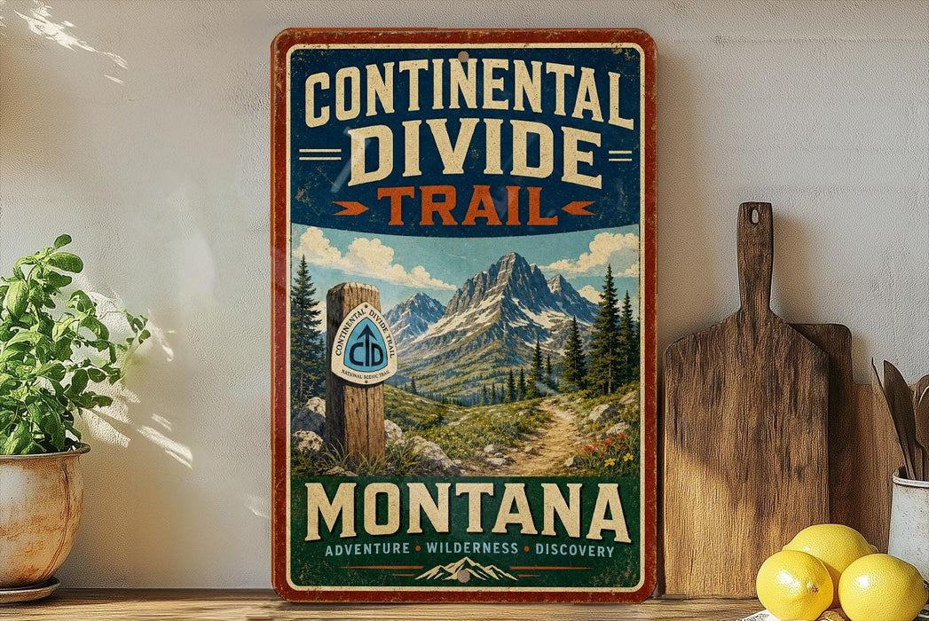 A vintage-style sign for the Continental Divide Trail in Montana, featuring a mountain landscape and a trail marker.