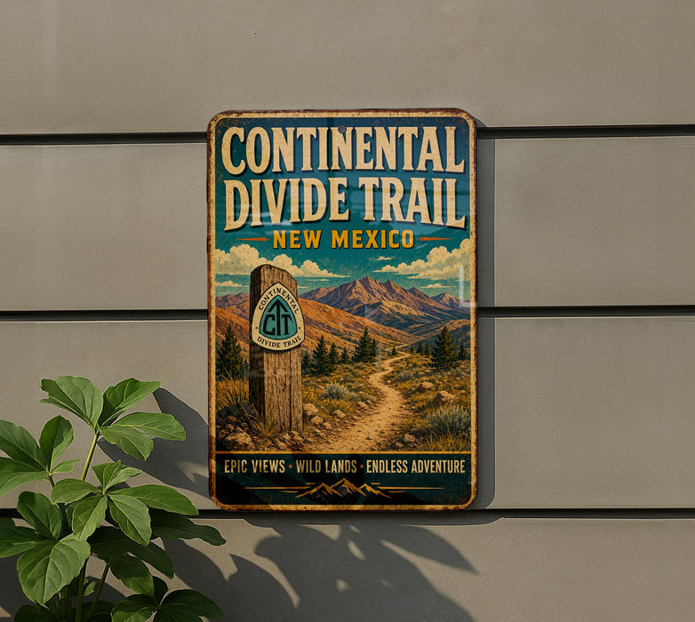 A vintage metal sign for the Continental Divide Trail in New Mexico, featuring a scenic mountain landscape and a trail marker.