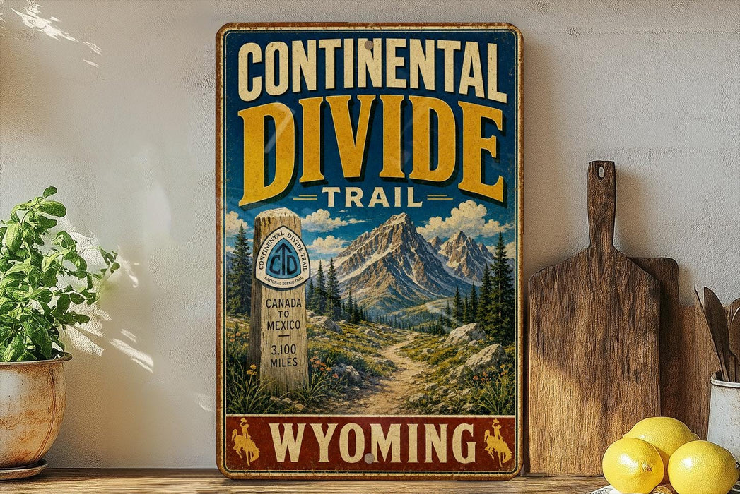 A vintage-style metal sign for the Continental Divide Trail in Wyoming, featuring a mountain landscape and trail marker.