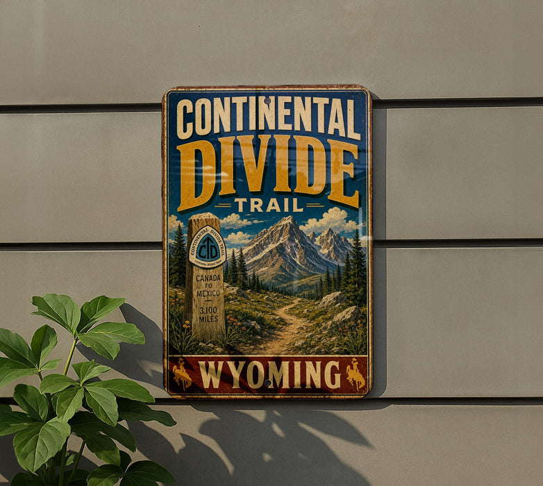 A vintage metal sign for the Continental Divide Trail in Wyoming, featuring a scenic mountain landscape and a trail marker.