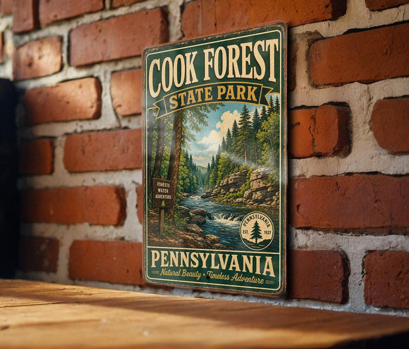 A vintage metal sign for Cook Forest State Park in Pennsylvania, featuring a scenic illustration of a forest and a river.