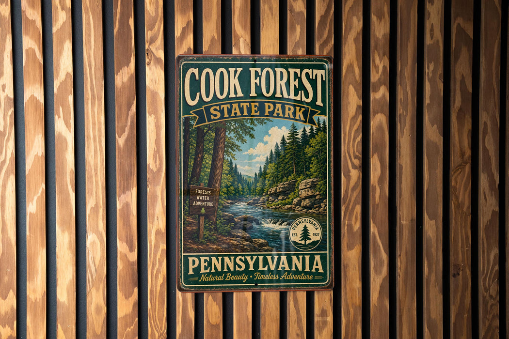 A vintage metal sign for Cook Forest State Park in Pennsylvania, featuring a scenic image of a forest and a river.