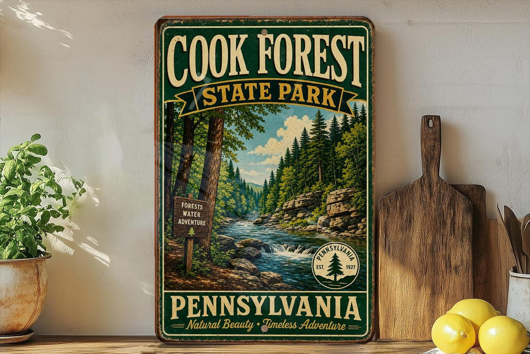 A vintage-style sign for Cook Forest State Park in Pennsylvania, featuring a scenic image of a forest and a river.