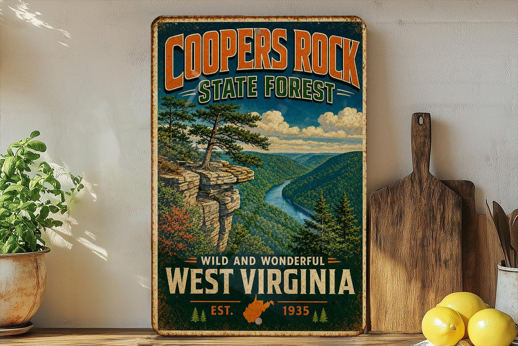A vintage-style sign for the Coopers Rock State Forest in West Virginia, featuring a scenic mountain landscape with a river and pine trees.