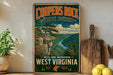 A vintage-style sign for the Coopers Rock State Forest in West Virginia, featuring a scenic mountain landscape with a river and pine trees.