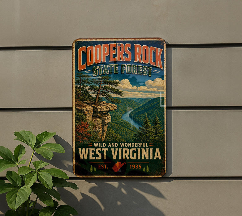 A vintage-style metal sign for the Cooper's Rock State Forest in West Virginia, featuring a scenic landscape with a cliff, river, and pine trees.