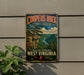 A vintage-style metal sign for the Cooper's Rock State Forest in West Virginia, featuring a scenic landscape with a cliff, river, and pine trees.