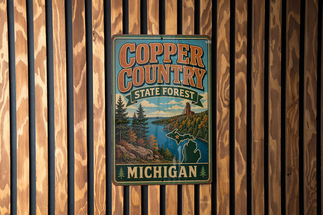 A vintage metal sign for Copper Country State Forest in Michigan, featuring a scenic illustration of a river, mountains, and forests.