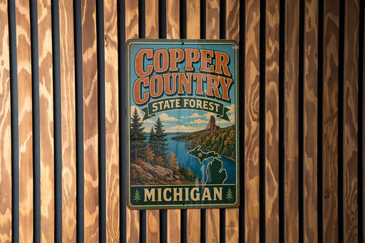 A vintage metal sign for Copper Country State Forest in Michigan, featuring a scenic illustration of a river, mountains, and forests.