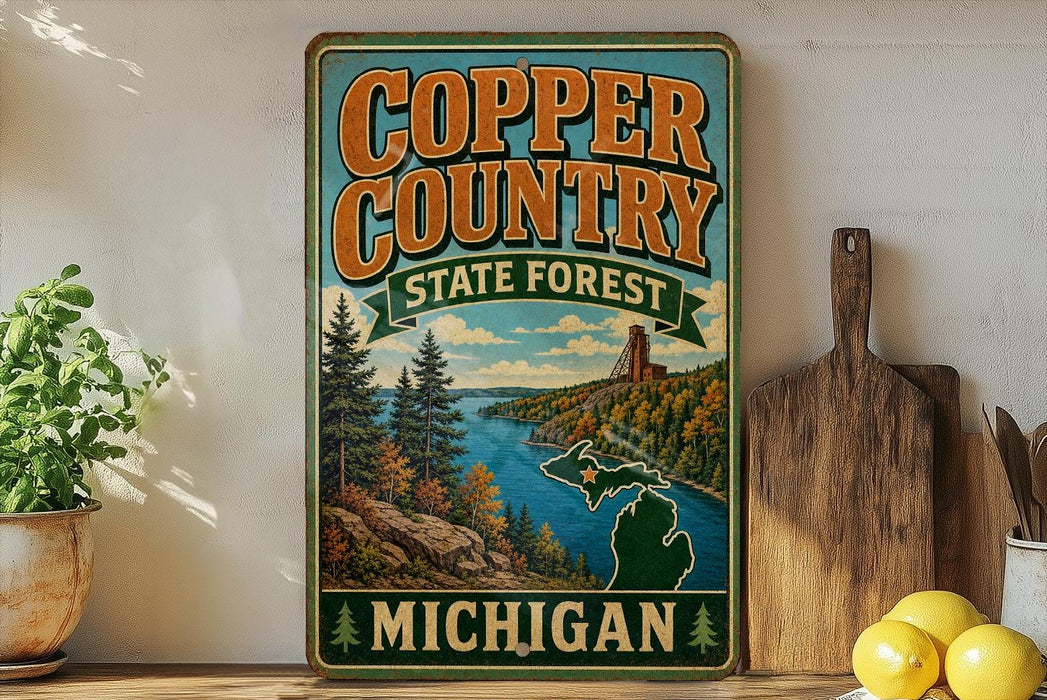 A vintage-style sign for Copper Country State Forest in Michigan, featuring a scenic landscape with pine trees, a river, and mountains.
