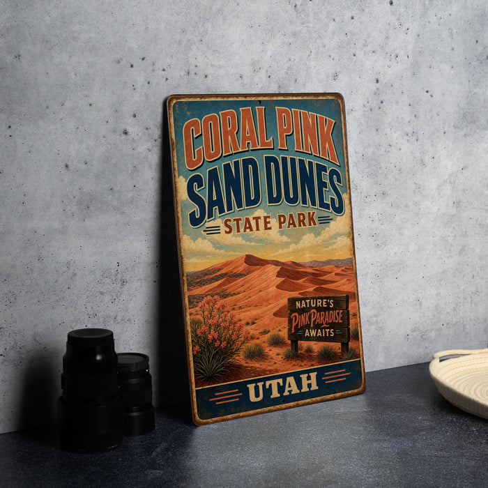 A vintage-style metal sign for Coral Pink Sand Dunes State Park in Utah, featuring a desert landscape with mountains and a sign that says "Nature's Pink Paradise Awaits".