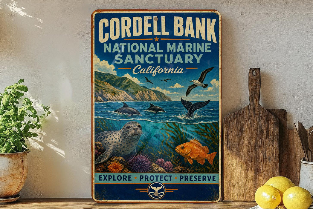 A vintage-style sign for the Cordell Bank National Marine Sanctuary in California, featuring illustrations of marine life and the text "Explore, Protect, Preserve".