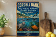A vintage-style sign for the Cordell Bank National Marine Sanctuary in California, featuring illustrations of marine life and the text "Explore, Protect, Preserve".