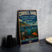 A vintage-style sign for the Cordell Bank National Marine Sanctuary in California, featuring illustrations of marine life and the text "Cordell Bank" and "National Marine Sanctuary California".