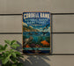 A vintage-style sign for Cordell Bank National Marine Sanctuary, California, featuring illustrations of marine life and the text "Explore, Protect, Preserve".