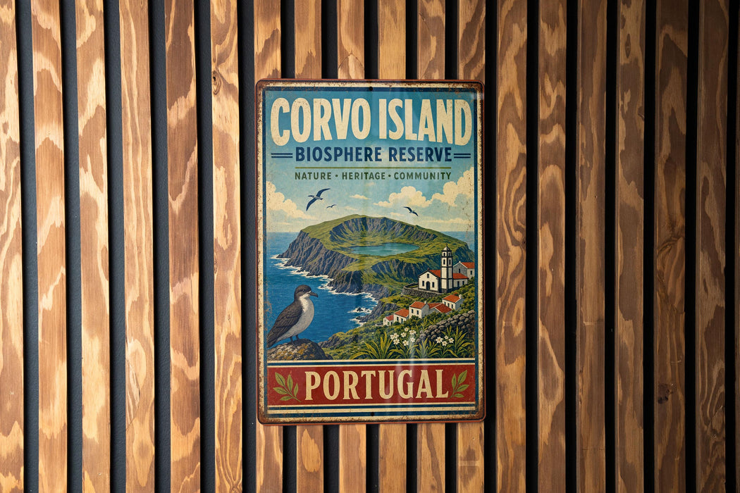 a vintage-style metal sign with a coastal landscape and a bird, mounted on a wooden wall.