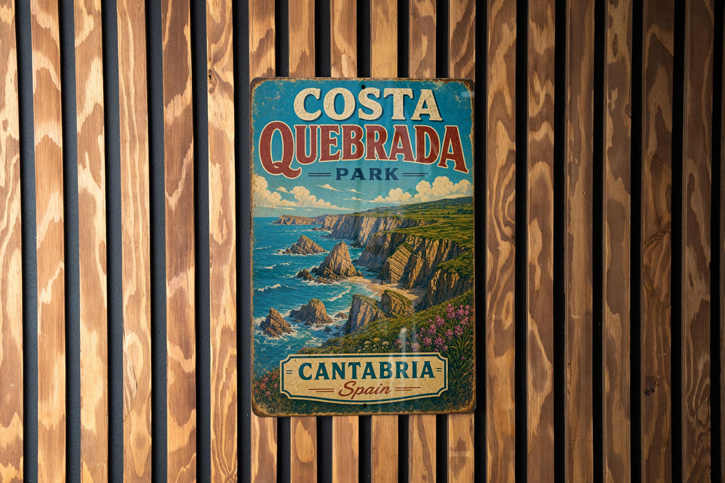 A vintage metal sign for Costaque Park in Cantaerre, Spain, featuring a coastal landscape with cliffs and the ocean.