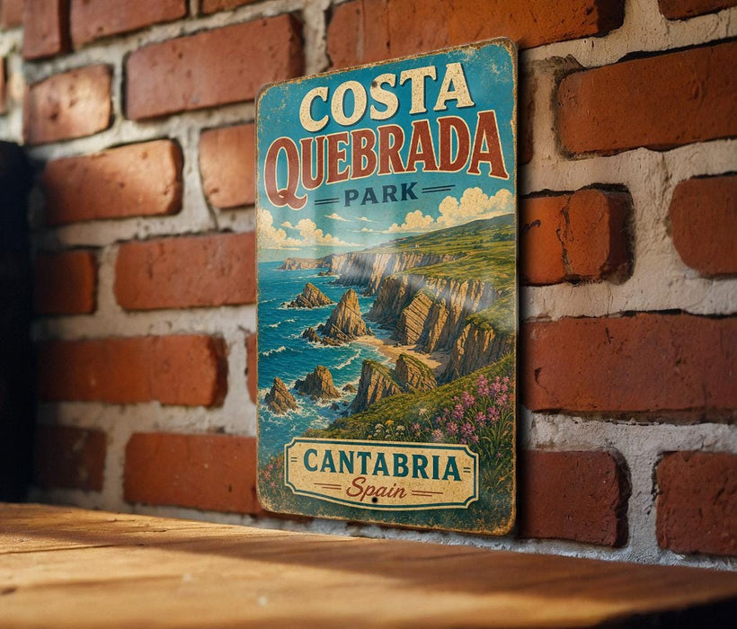 A vintage metal sign with the text "COSTA QUEBRADA PARK" and "CANTABRIA SPAIN" is displayed on a brick wall.