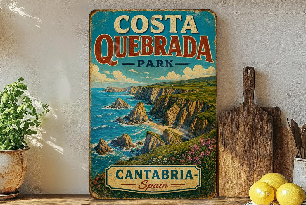 A vintage-style sign for Costa Quedbrada Park in Cantabria, Spain, featuring a scenic coastal landscape with cliffs and the ocean.