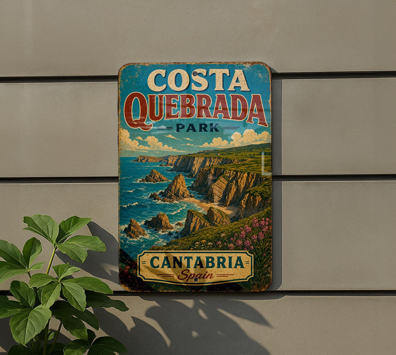 A vintage metal sign for Costa Quedbra, a coastal park in Spain, featuring a scenic illustration of the park's cliffs and ocean.