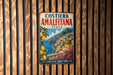 A vintage metal sign with a colorful illustration of a coastal town in Italy, featuring buildings, flowers, and a body of water.