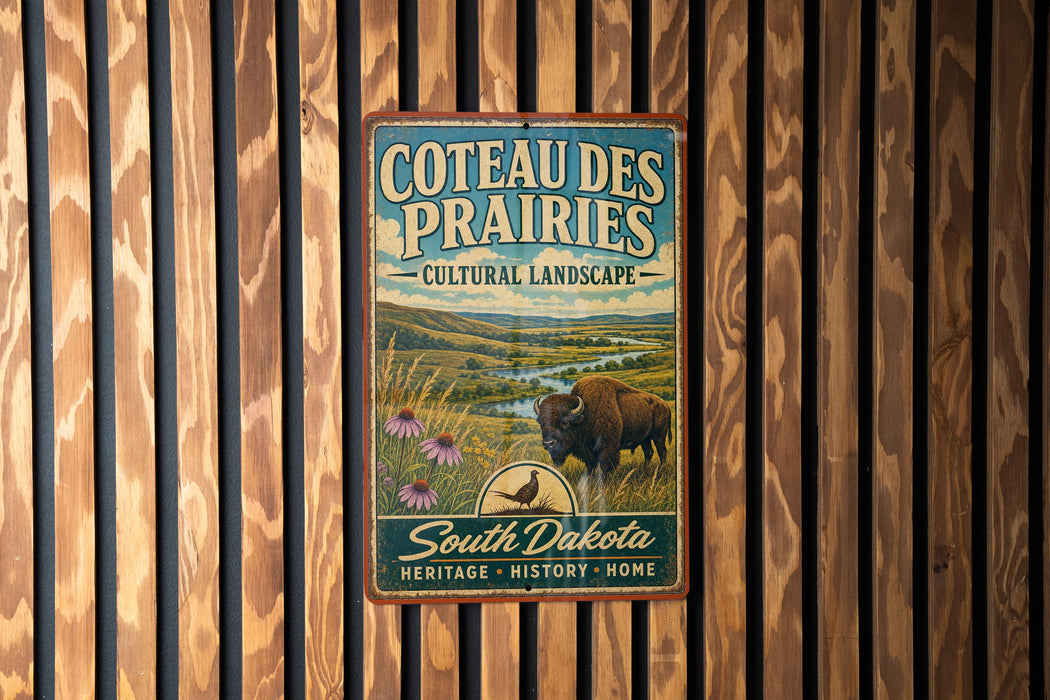 a vintage-style metal sign with a buffalo and flowers, mounted on a wooden wall.
