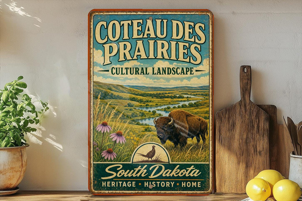 a vintage-style sign for Coteau Des Prairies, a cultural landscape in South Dakota, with a buffalo in the foreground and a scenic landscape in the background.