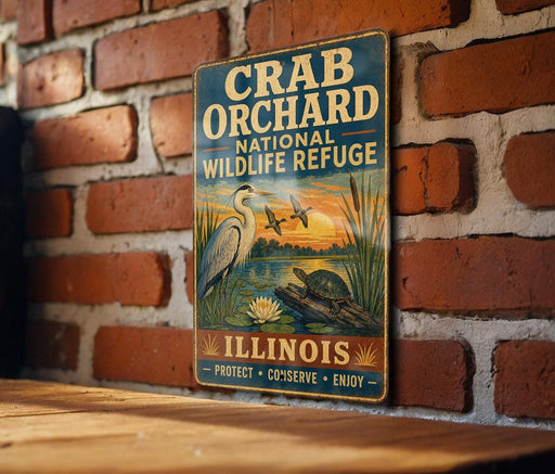 A vintage metal sign for the Crab Orchard National Wildlife Refuge in Illinois, featuring an illustration of a heron and a turtle in a pond.